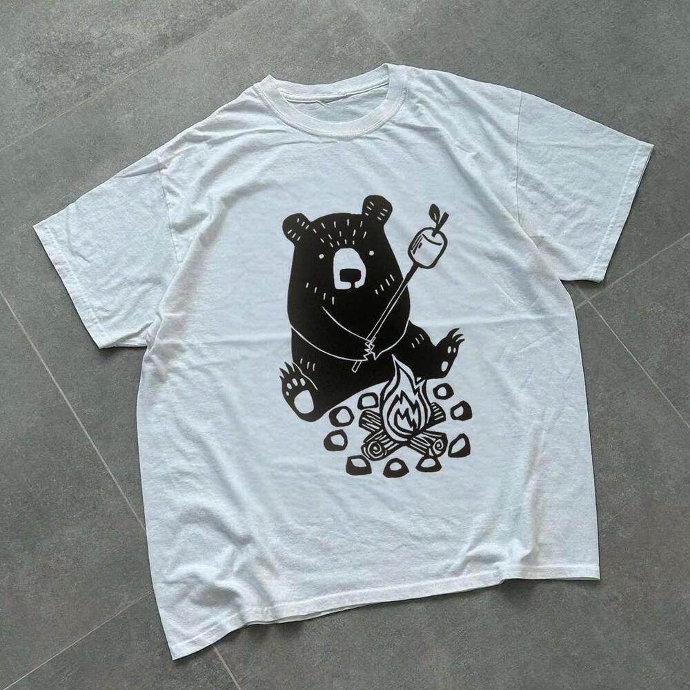 White Casual Streetwear T-Shirt With Black Bear Design
